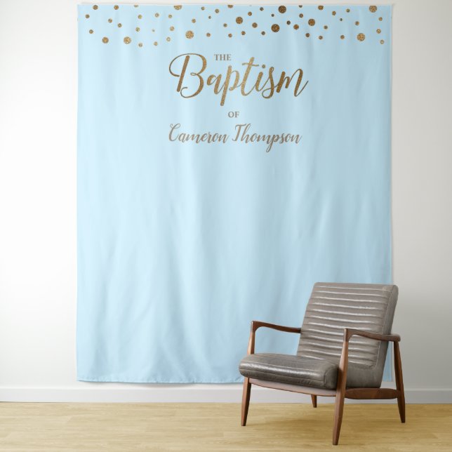 Baby boy Blue Gold Confetti Baptism Backdrop (In Situ)