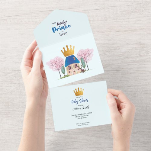 Baby Boy Blue Gold Prince Castle Baby Shower All In One Invitation