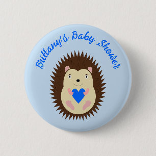 Baby Boy Blue Heart Hedgehog Baby Shower Button