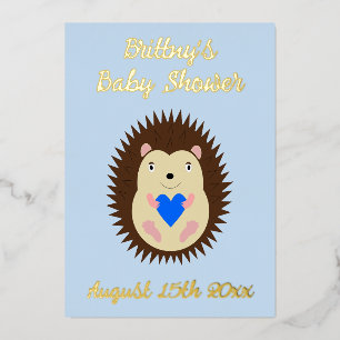 Baby Boy Blue Heart Hedgehog Baby Shower Foil Invitation
