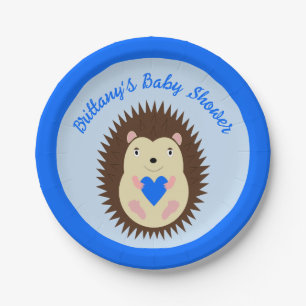 Baby Boy Blue Heart Hedgehog Baby Shower Paper Plates