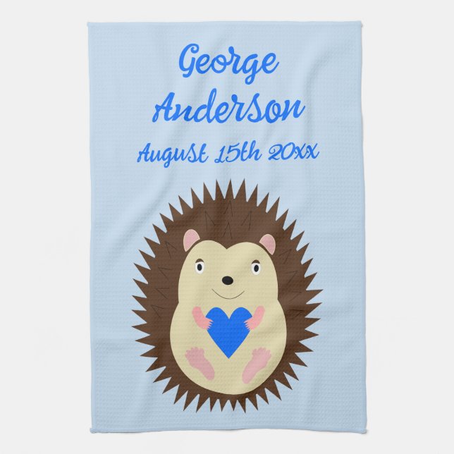Baby Boy Blue Heart Hedgehog Custom Kitchen Towel (Vertical)