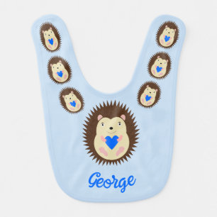 Baby Boy Blue Heart Hedgehog Custom Name Bib