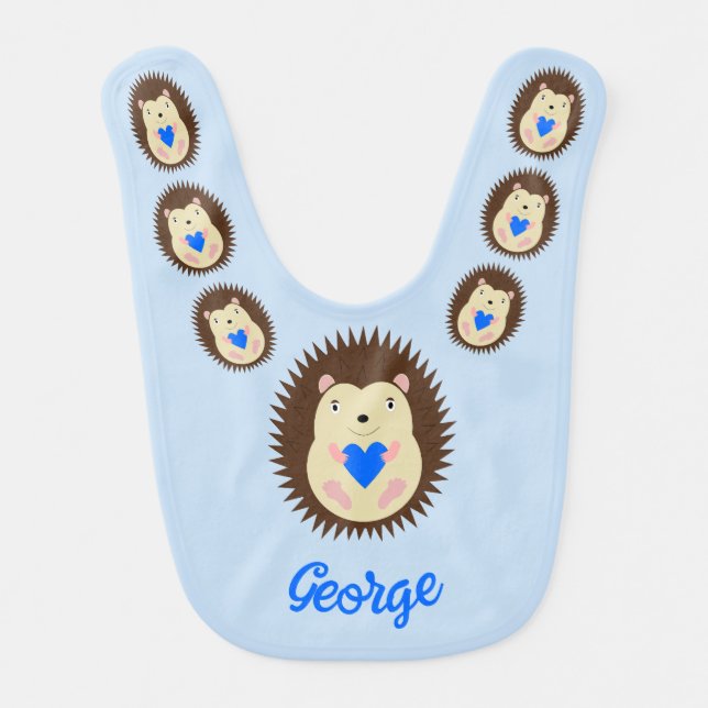 Baby Boy Blue Heart Hedgehog Custom Name Bib (Front)