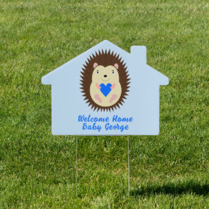 Baby Boy Blue Heart Hedgehog Custom Sign