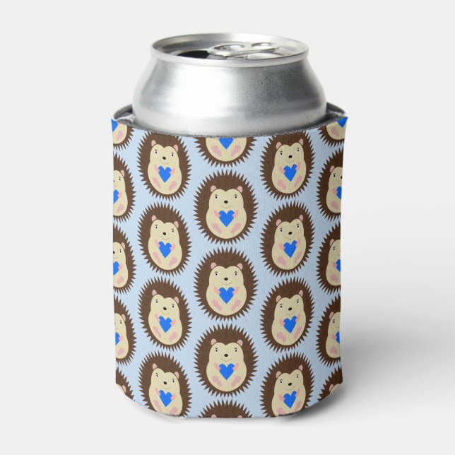 Baby Boy Blue Heart Hedgehog Patterned Can Cooler (Can Front)