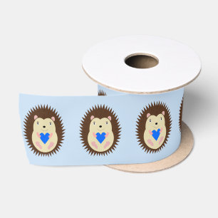 Baby Boy Blue Heart Hedgehog Patterned Satin Ribbon