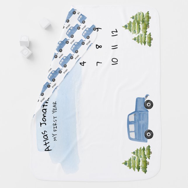 Baby Boy Blue Jeep Milestone Blanket (In Situ)