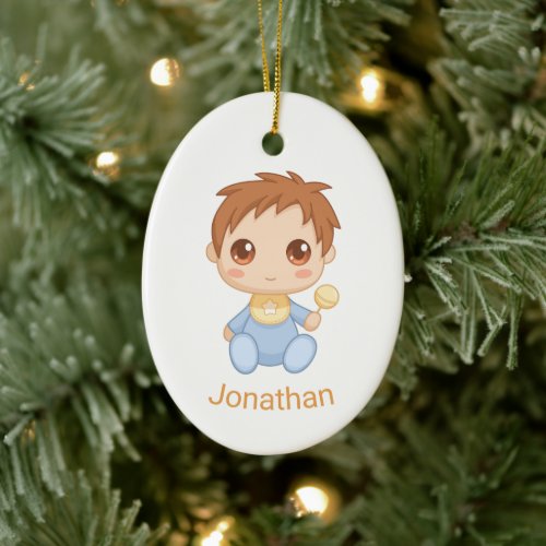 Baby Boy Blue Jumpsuit Custom Name and Photo Ceramic Ornament