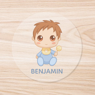 Baby Boy Blue Jumpsuit Custom Name Classic Round Sticker