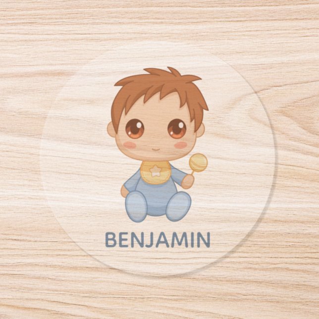 Baby Boy Blue Jumpsuit Custom Name Classic Round Sticker (Single)