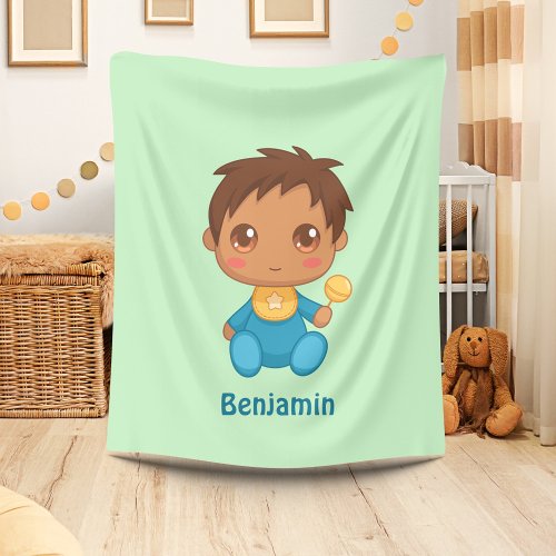 Baby Boy Blue Jumpsuit Custom Name Green Fleece Blanket