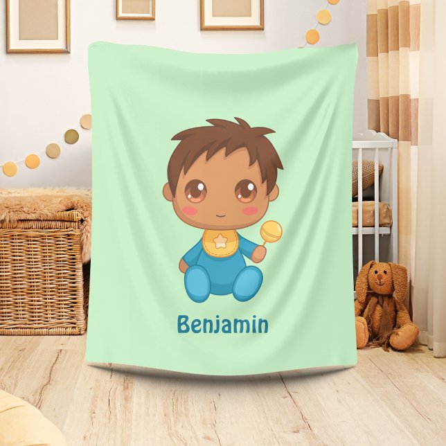 Baby Boy Blue Jumpsuit Custom Name Green Fleece Blanket (Creator Uploaded)