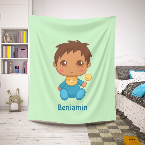 Baby Boy Blue Jumpsuit Custom Name Green Sherpa Blanket