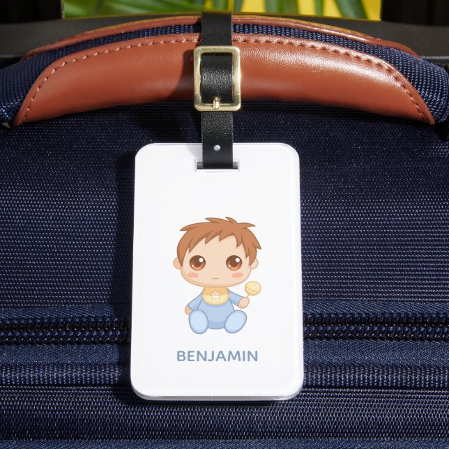 Baby Boy Blue Jumpsuit Custom Name Luggage Tag (Front Insitu 2)