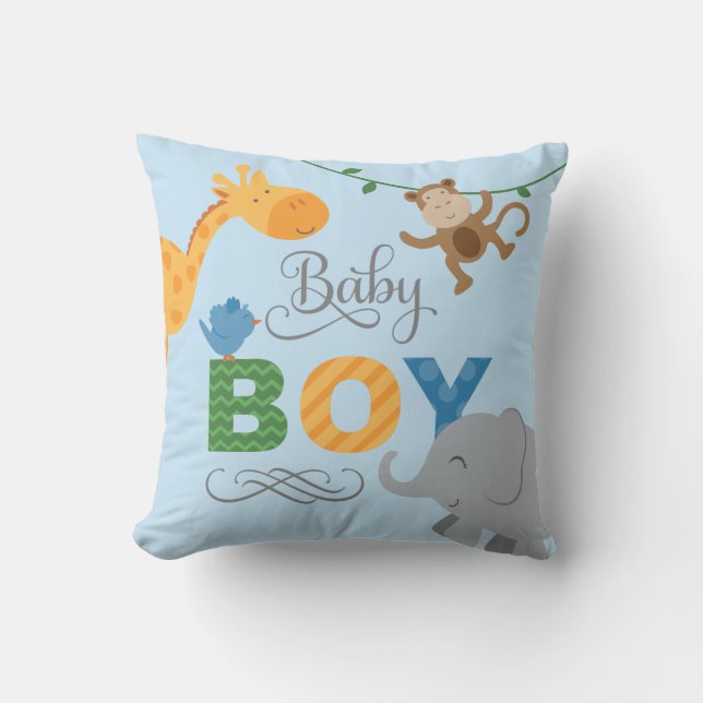 Baby Boy Blue Jungle Animals Nursery Throw Pillow (Front)