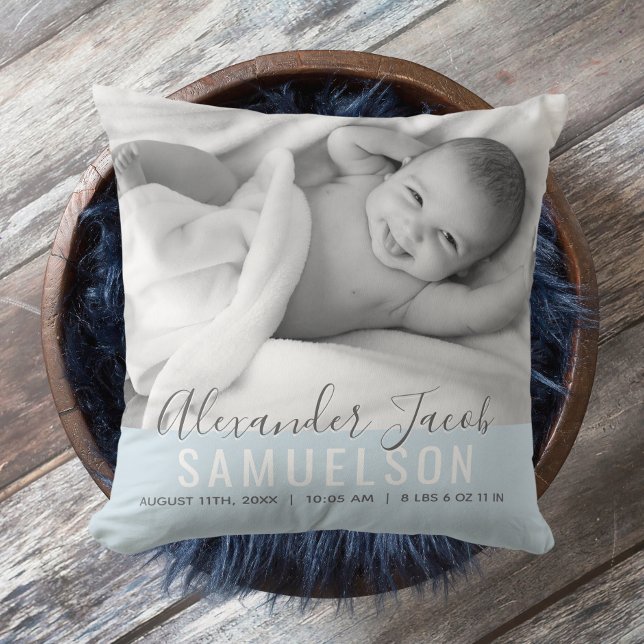 BABY Boy Blue Keepsake Name Birth Date PHOTO Throw Pillow (Creator Uploaded)