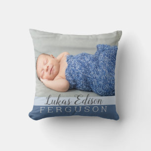 Baby Boy Blue Keepsake Photo Birth Stats Throw Pillow