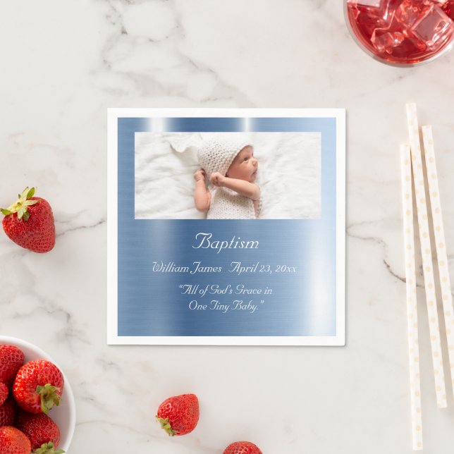 Baby Boy Blue Metallic Photo Typography Baptism Napkins (Insitu)