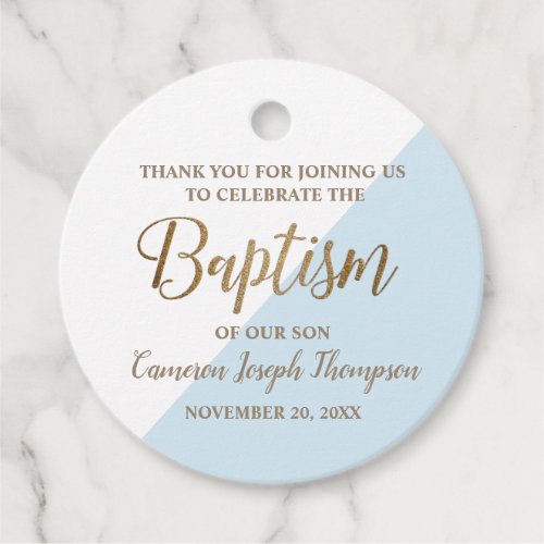 Baby boy blue modern baptism thank you favor tags