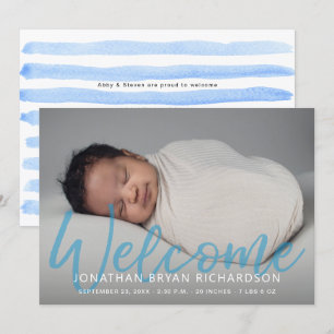 Baby Boy Blue One Photo Welcome Birth Announcement