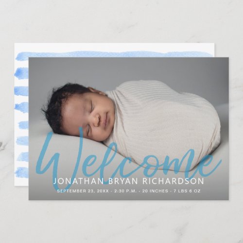 Baby Boy Blue One Photo Welcome Birth Announcement