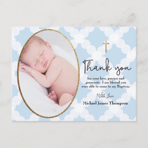 Baby Boy Blue Photo Baptism Thank You Postcard