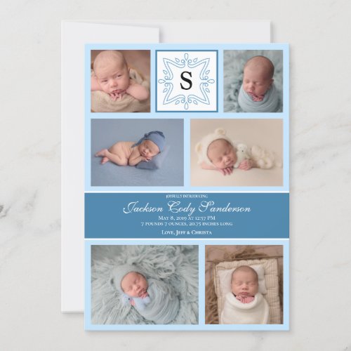 Baby Boy Blue Photo Birth Announcement Monogram