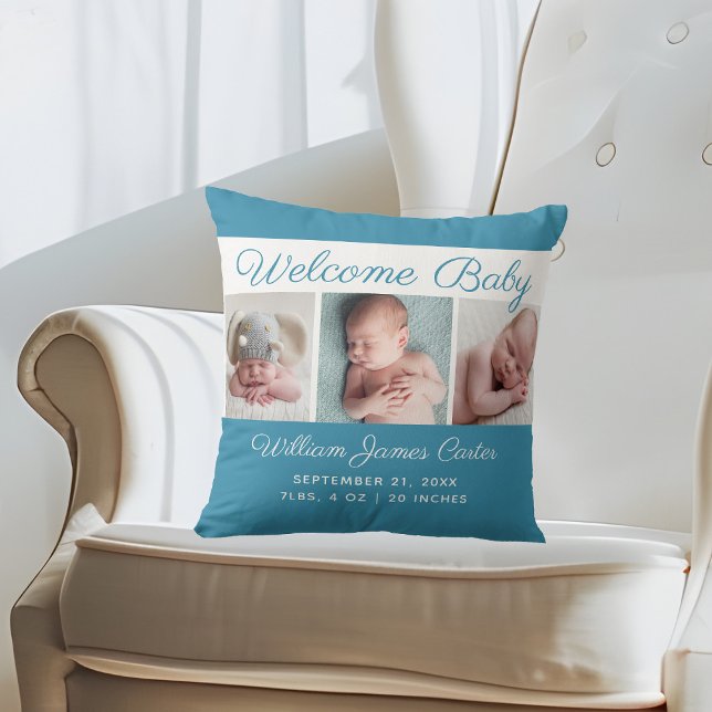 Baby Boy Blue Photo Collage Cute Newborn Keepsake Throw Pillow (Creator Uploaded)