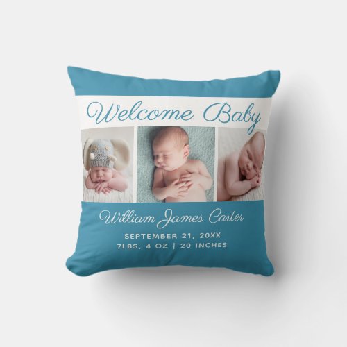 Baby Boy Blue Photo Collage Cute Newborn Keepsake Throw Pillow