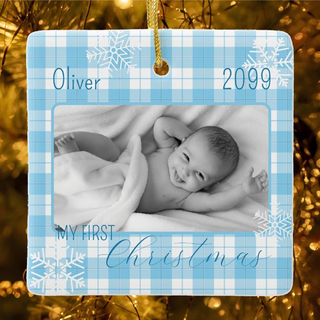 Baby boy blue plaid snowflake first Christmas Ceramic Ornament (Creator Uploaded)