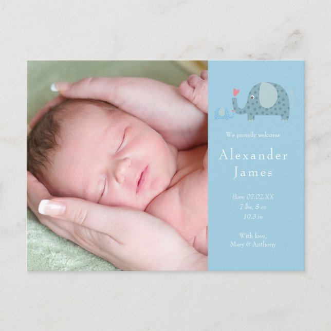 Baby Boy Blue Polka Dot Elephants Photo Birth Announcement Postcard (Front)
