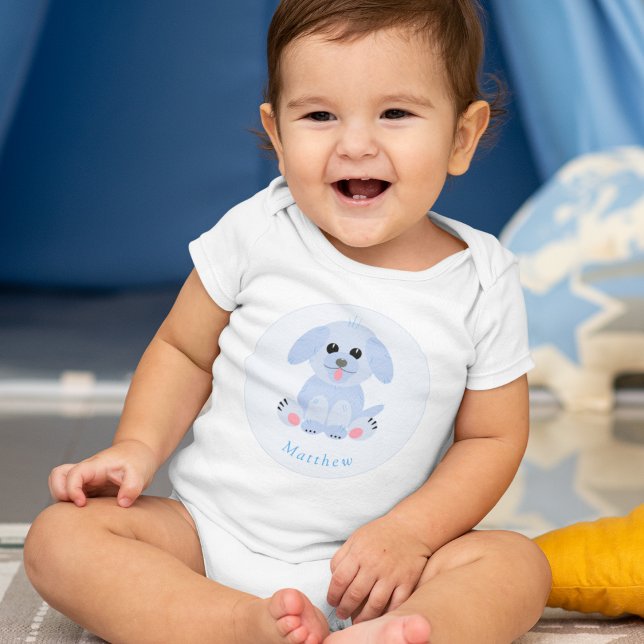 Baby Boy Blue Puppy Personalized Baby Bodysuit (Creator Uploaded)