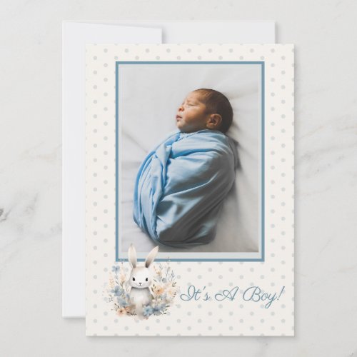 Baby Boy Blue Rabbit and Flowers Baby Birth Announcement
