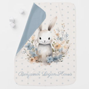 Baby Boy Blue Rabbit and Flowers Personalized Baby Blanket