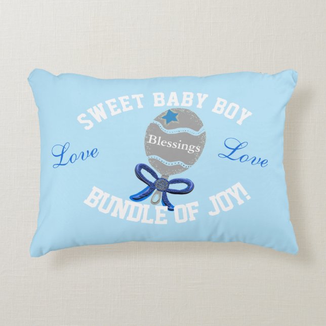 Baby Boy Blue Rattle Birth Stats Accent Pillow (Front)