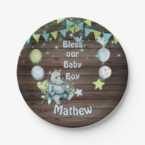 Baby Boy Blue Rhino Paper Plates