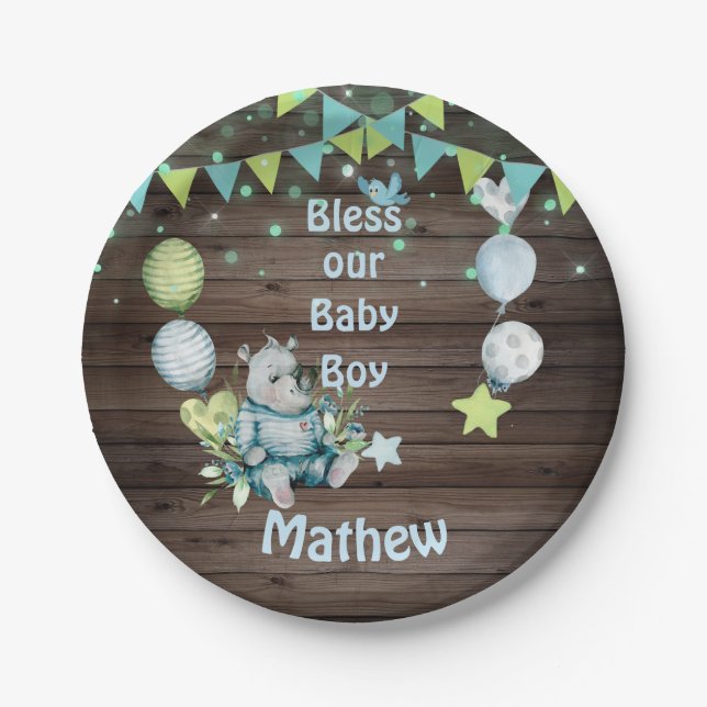 Baby Boy Blue Rhino Paper Plates (Front)
