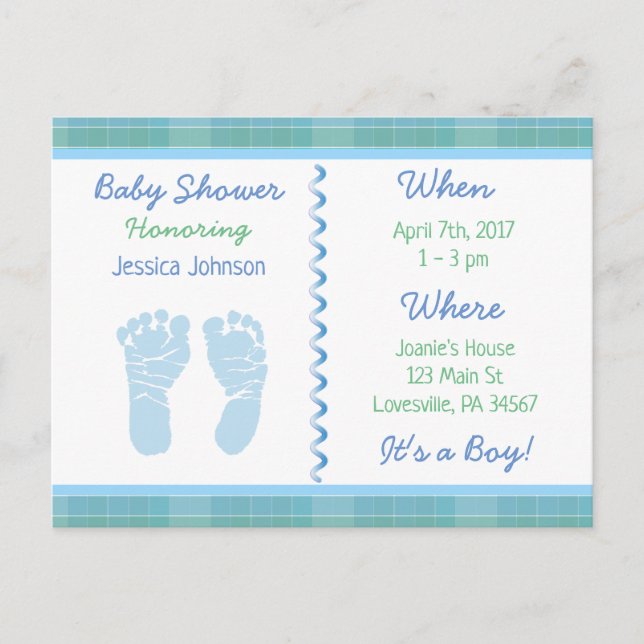 Baby Boy Blue Sage Green Baby Shower Invitation Postcard (Front)