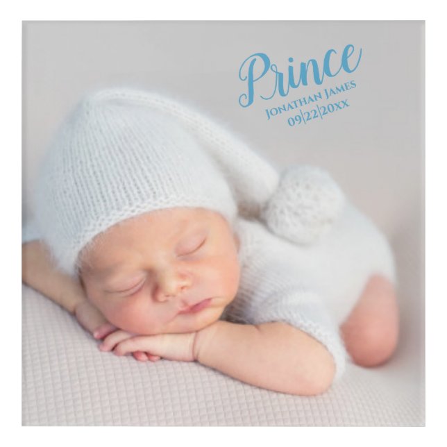 Baby Boy Blue Script Photo Birth Keepsake Nursery Acrylic Print (Front)