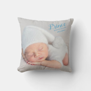 Baby Boy Blue Script Photo Birth Keepsake Nursery Throw Pillow