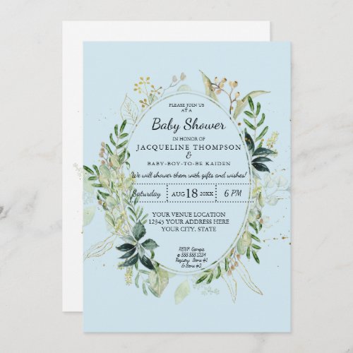 Baby Boy Blue Shower Watercolor Eucalyptus Foliage Invitation