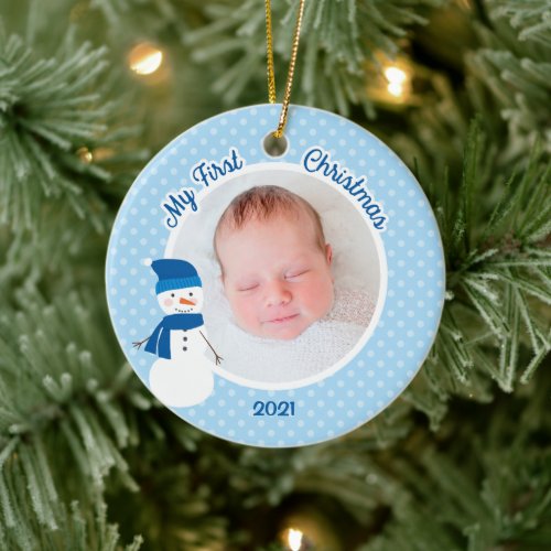 Baby Boy Blue Snowman First Christmas Photo Ceramic Ornament
