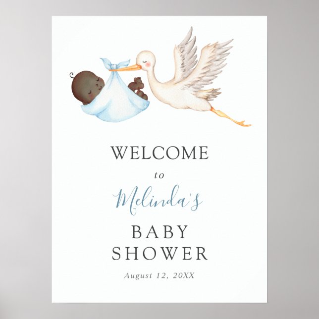 Baby Boy Blue Stork Baby Shower Welcome Poster (Front)