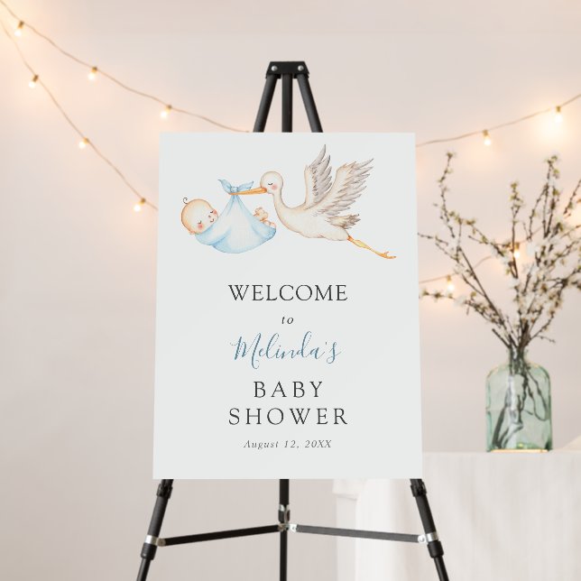 Baby Boy Blue Stork Baby Shower Welcome Poster (In Situ (Stand))