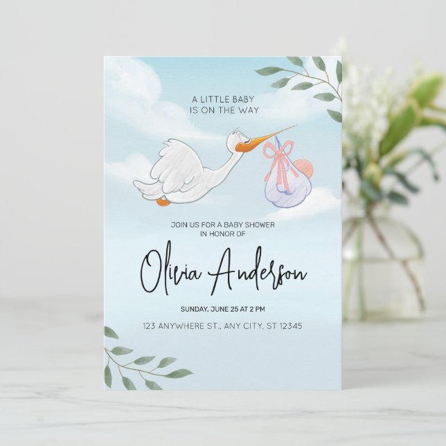 Baby Boy Blue Stork Boho Baby Shower Invitation (Standing Front)