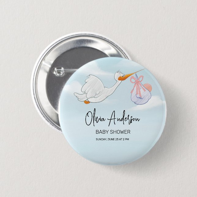 Baby Boy Blue Stork Boho Baby Shower Invitation Button (Front & Back)