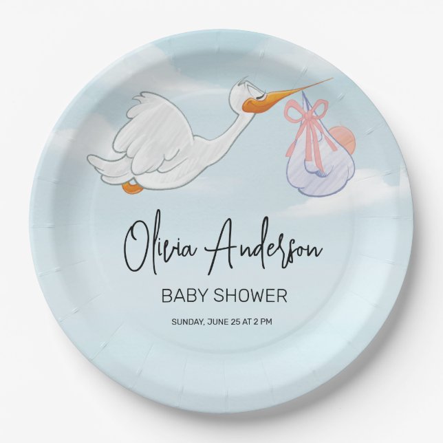Baby Boy Blue Stork Boho Baby Shower Invitation Paper Plates (Front)