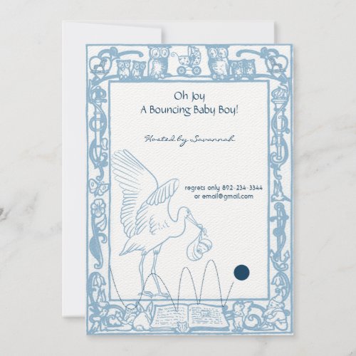 Baby Boy Blue Stork  Owl Border Shower Invitation