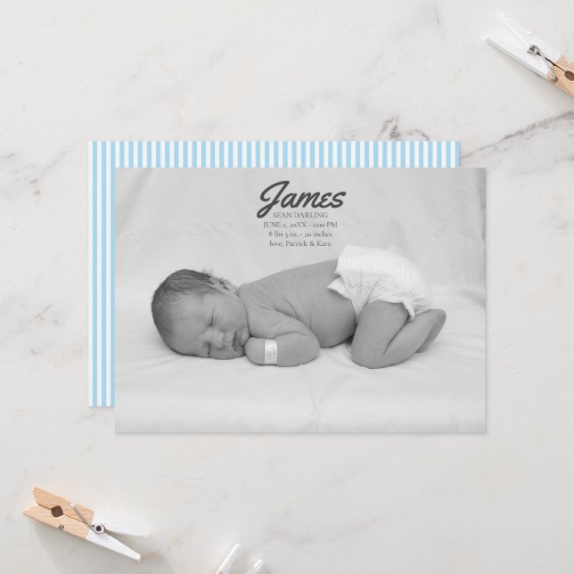 Baby Boy Blue Stripe Birth Announcement (Front/Back In Situ)